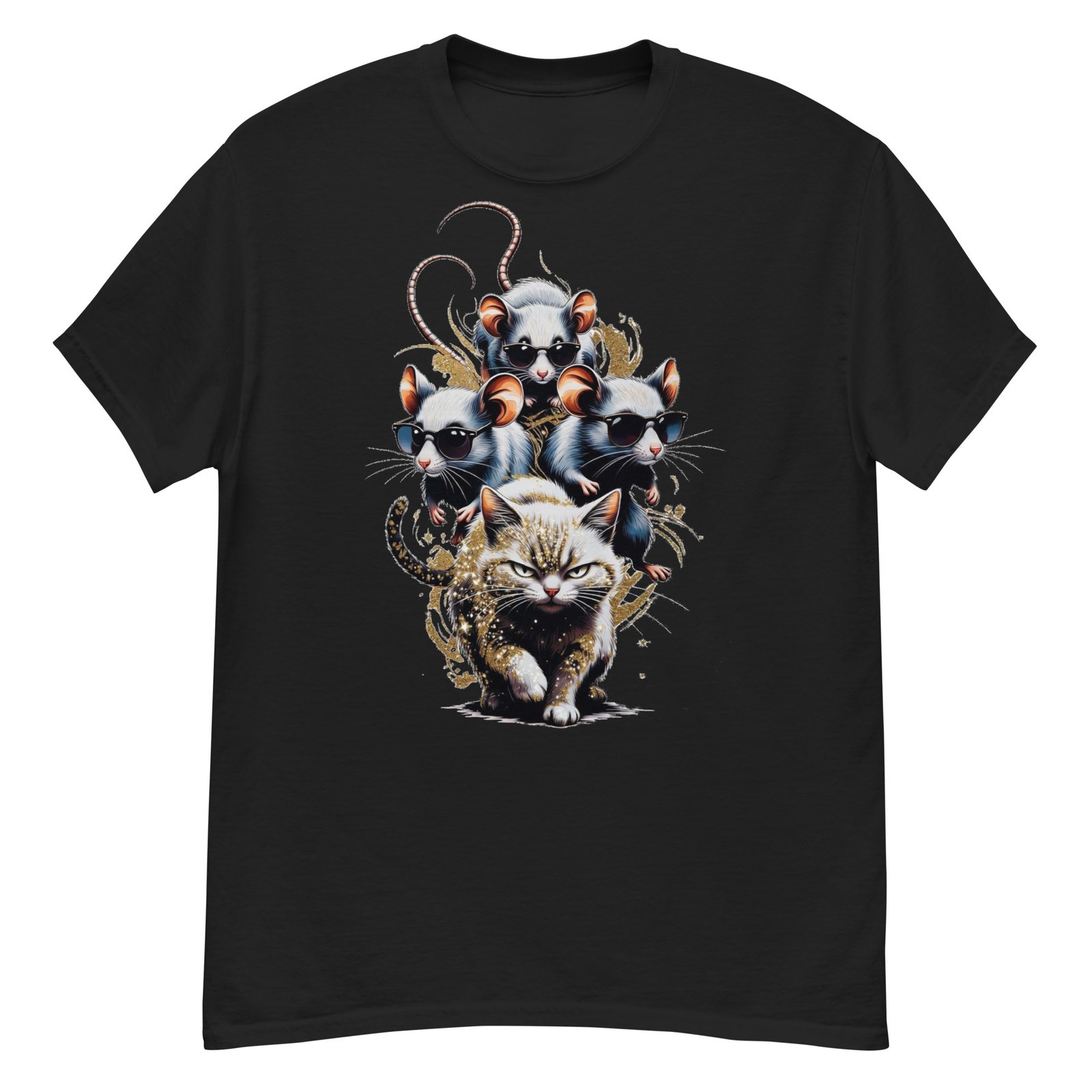 Three Mice on Cat - Sunglasses Mice Riding Grumpy Cat Graphic Tee