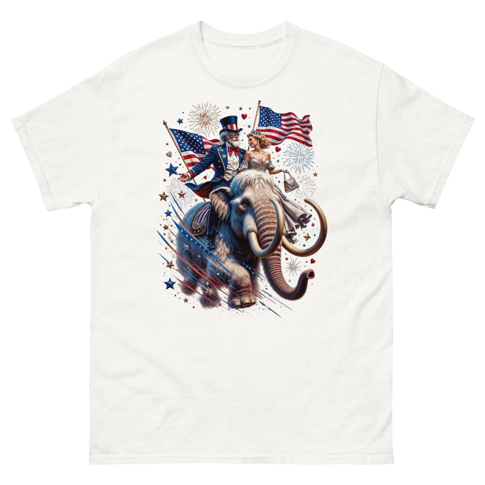 Sam and Lady Liberty Riding a White Mammoth