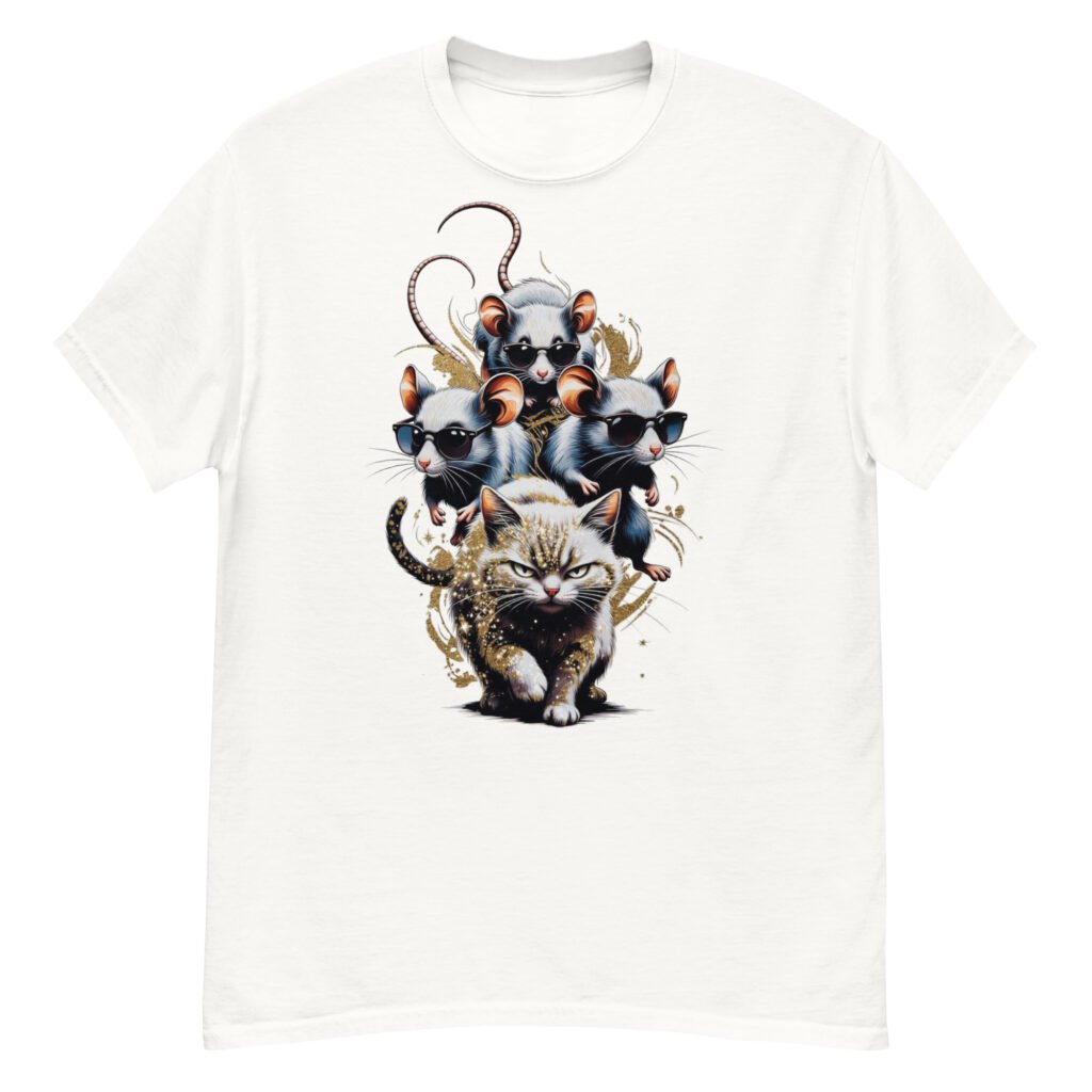 Three Mice on Cat - Sunglasses Mice Riding Grumpy Cat Graphic Tee