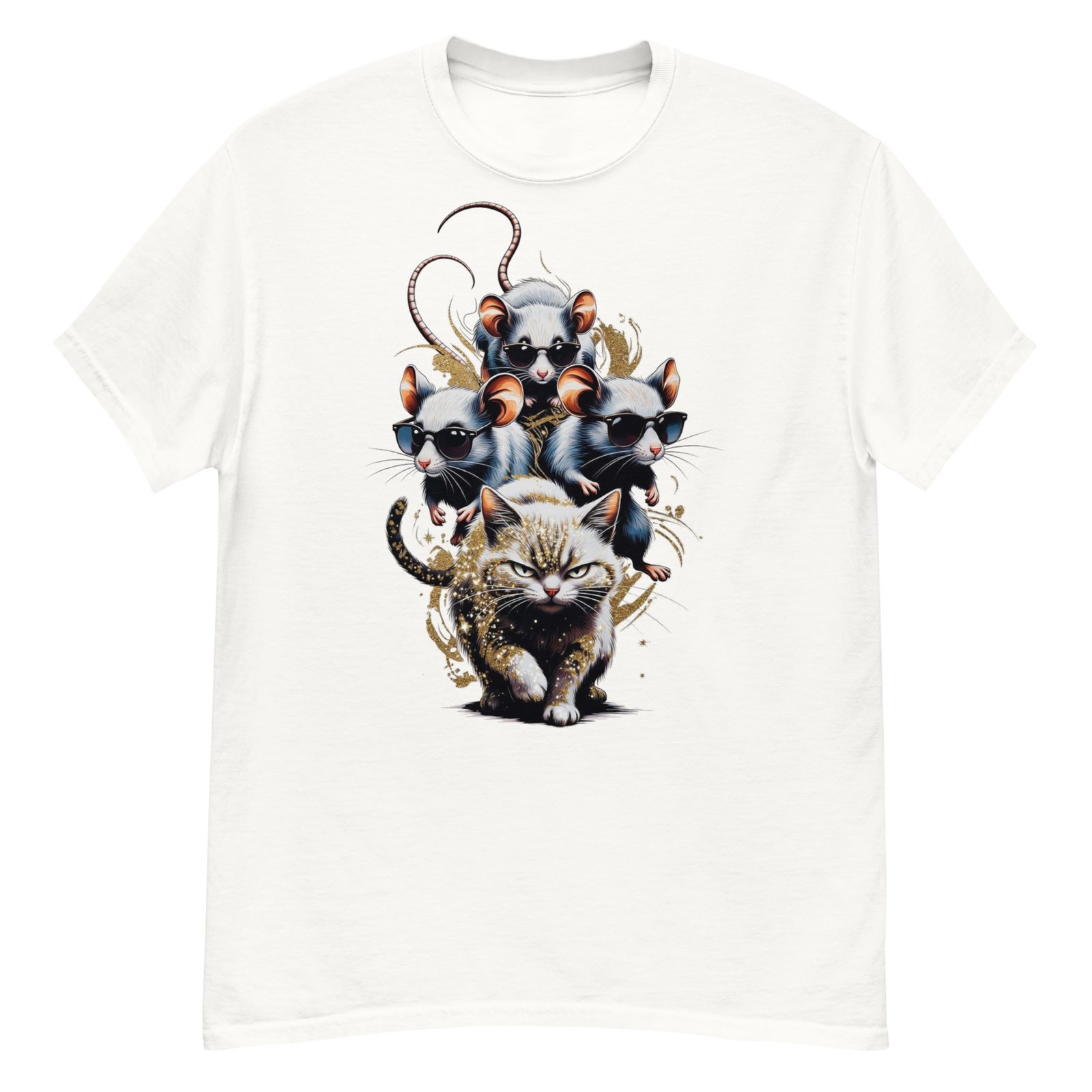 Three Mice on Cat - Sunglasses Mice Riding Grumpy Cat Graphic Tee